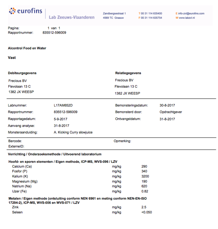 Laboratorium voedingswaarde analyse slowjuice